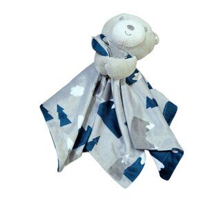 Baby Essentials Plush Bear Lovey Security Blanket 14x14" Gray & Blue With Mounta